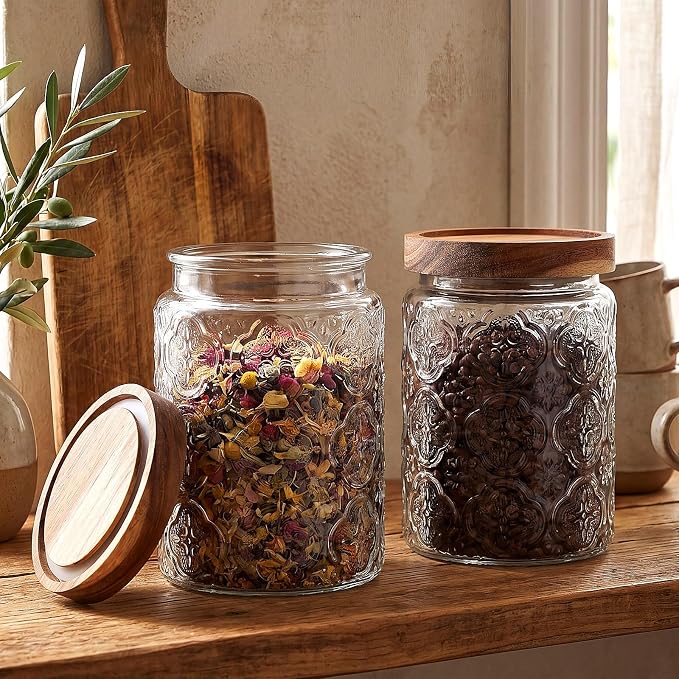 LemonRoad 4 Pcs Vintage Clear Glass Storage Jars 23.7 oz Mason Jar Canister with Wood Lids Food Storage Container for Cookie, Pantry, Candy Kitchen, Coffee, Tea, Flour, Sugar, Decorative Home Decor