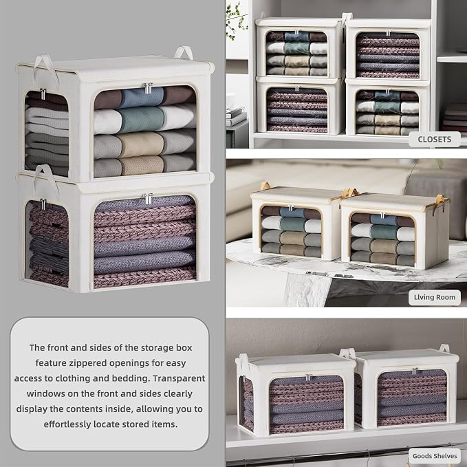 4 Pack Clothes Storage Bins with Metal Frame - 66L Stackable Storage Box with Lid,Foldable Storage Container Organizer for Clothes,Linen Fabric Storage Box with Clear Window&Zippers&Handles