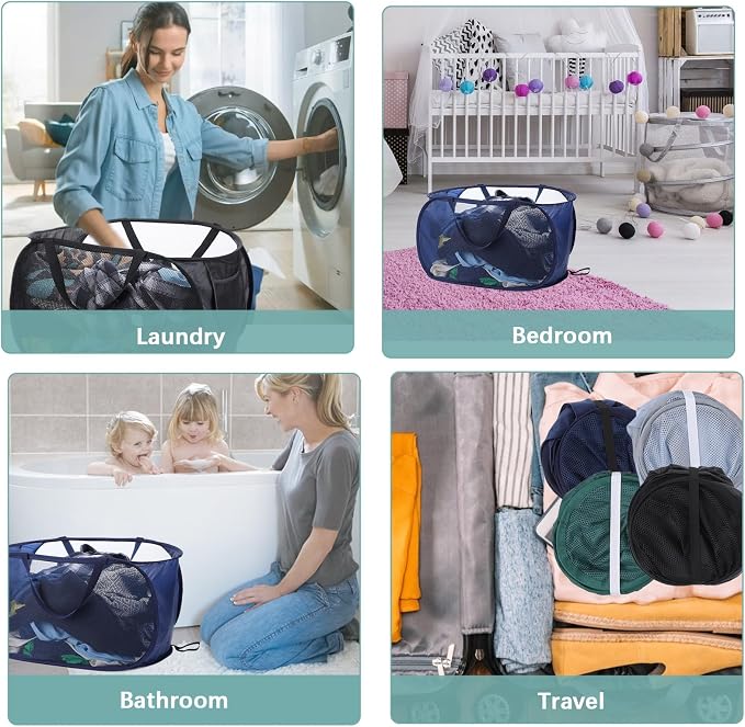 4 Pcs Popup Mesh Laundry Basket, Laundry Hamper with Side Pocket Foldable Storage Basket with Durable Handles for Bathroom Travel Dorm
