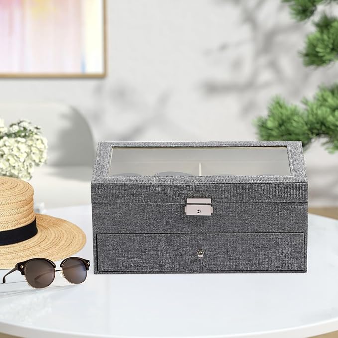 AUTOARK Linen Eyeglasses Storage Case Organizer,12 Piece,Grey,AW-096 | Sunglass Display, Drawer Lockable