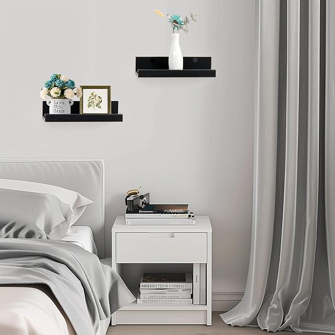 Muzilife 12" Small Floating Shelves Wood Wall Shelf with Lip, 4Pcs, Black | FSC-Certified Wood | 20 lbs Capacity | Space-Saving | Hanging Shelf | Wall Decor| Bedroom,Living Room,Bathroom,Kitchen,Office