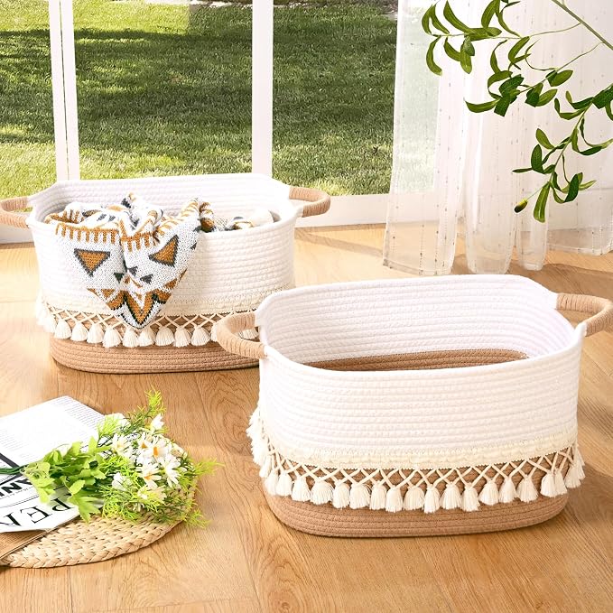 2 Pack Storage Basket for Shelves, Boho Cotton Rope Storage Bins with Heavy Tassel, Shelf Baskets Large Woven Baskets for Organizing, Cube Organizer Bins, Baby Laundry Basket for Clothes, Toys, Pets