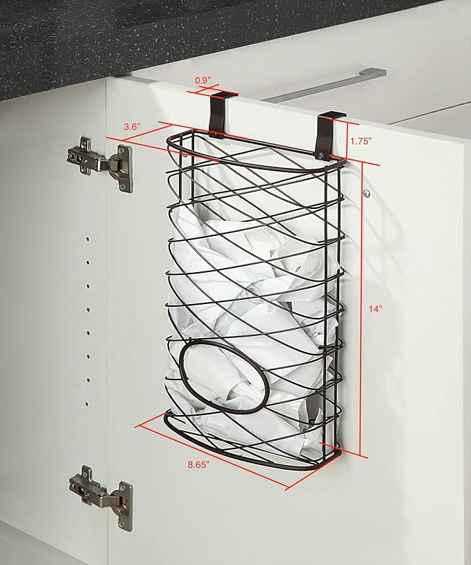 SunnyPoint Over Cabinet Kitchen Storage Organizer Holder or Basket - Hang Over Cabinet Doors in Kitchen/Pantry - Holds up to 50 Plastic Shopping Bags (BROWN)