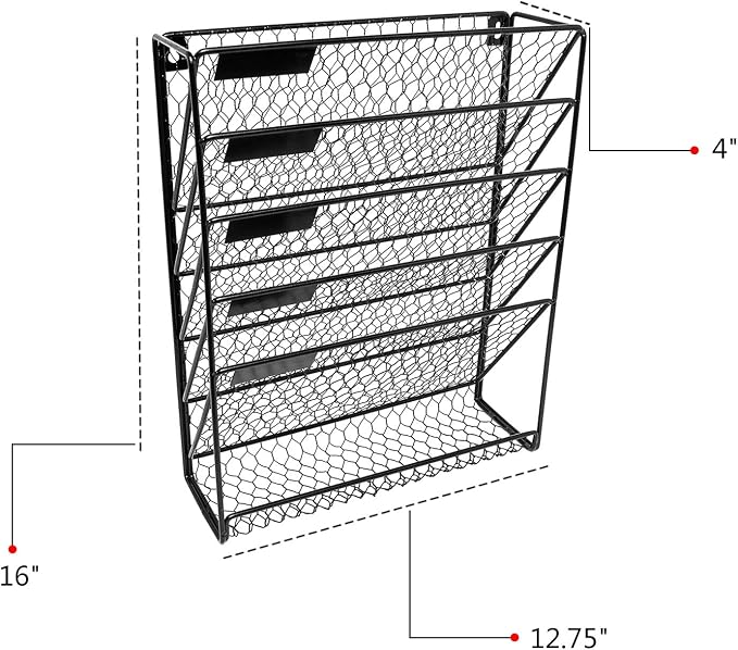 Wall File Holder Hanging Mail Organizer Metal Chicken Wire Wall Mount Magazine Rack for Home and Office (Black)