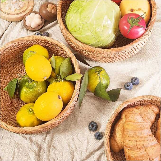 Rattan Fruit Basket for Kitchen Counter, Natural Wicker Bread Basket for Serving, Hand Woven Food Baskets, Decorative Bread Baskets for Serving, Fruits, Snacks, Candies, Nuts, Keys, Etc.(Round-Combo)