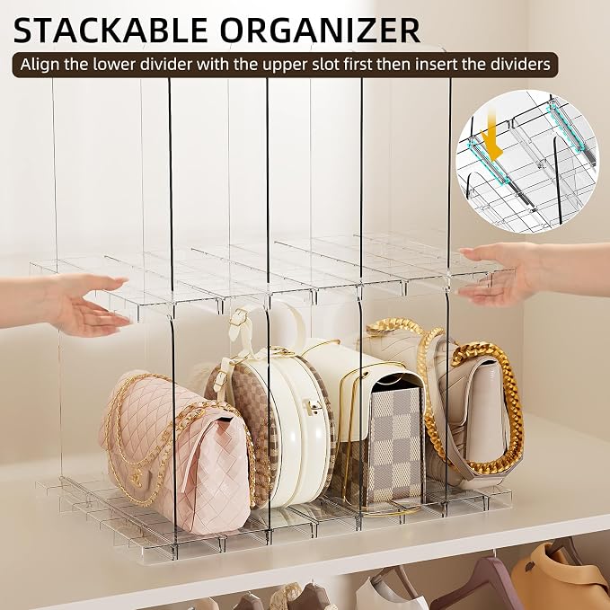 JOYZAN Stackable Purse Organizer for Closet, Adjustable Closet Purse Organizer, Clear Acrylic Shelf Dividers, Detachable Handbag Storage Separator Dividers for Home, Office - 2 Pack