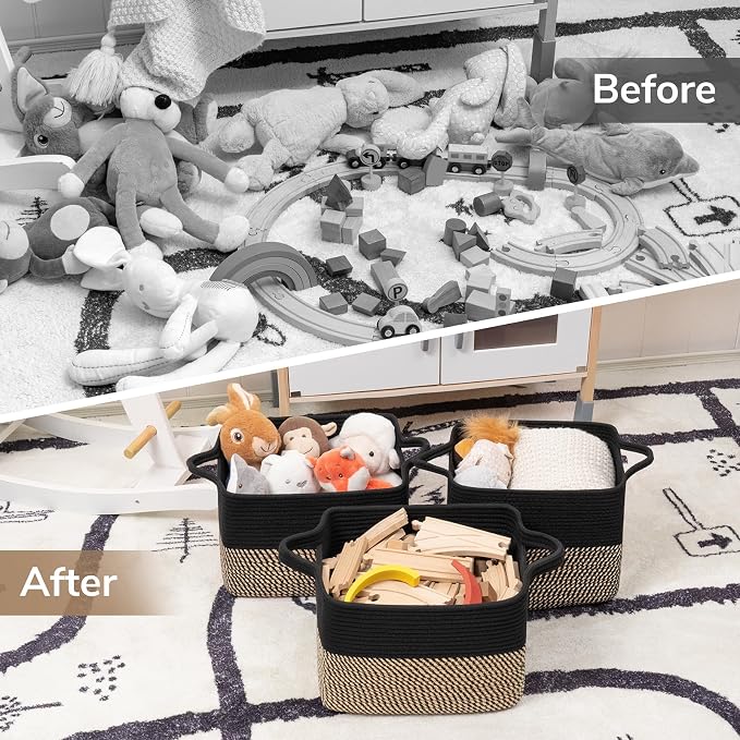 Goodpick Woven Storage Baskets for Organizing, Cotton Rope Organizer for Living Room Bedroom, 13"x10"x9" Rectangle Dog Toy Basket with Handles, Stylish Gift Baskets Empty, Black & Jute