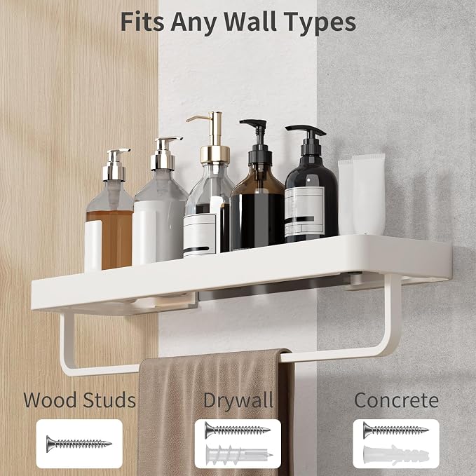 Danpoo 20 Inch Long Floating Bathroom Shelf with Towel Bar, Clear Tempered Glass Wall Shelf for Bathroom Storage Organizer, Matte White