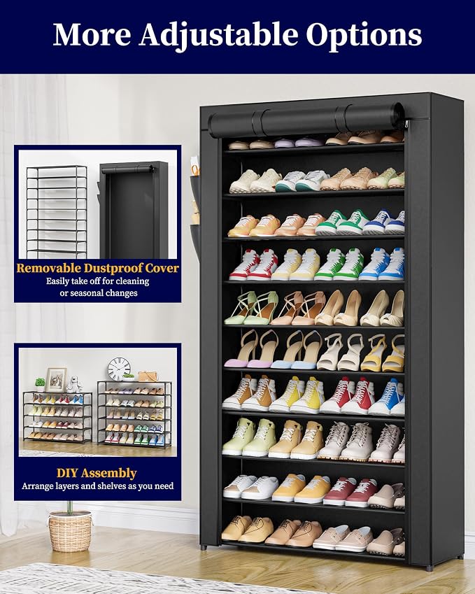 Kitsure Shoe Rack - 10-Tier Large Capacity Shoe Organizer Shelf with Dust Cover & Side Pockets, Rust-Proof Metal Shoe Rack for Closet, Entrance, Living Room, 33.6" x 12.4" x 69.3", Black