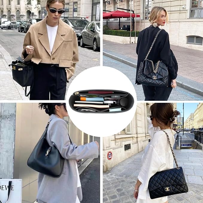 Surblue Purse Organizer Insert for Handbags, Felt Bag Organizer with Zippers Handbag Shaper Pouch for Classic 19 Flap Bag, Marmont, Onthego,(Grey, Slender M)