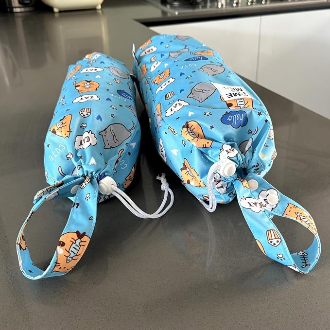 Waterproof Plastic Bag Holder Grocery Shopping Carrier Storage Kitchen Travel Camp Carrier Dispenser 2 Pack (Cute Cats)