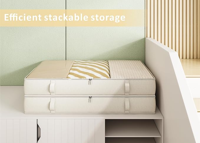 Vailando Storage Containers, 8 Inches Tall 80L Underbed Storage Bins with Sturdy Handles and Sidewalls, Closet Organizer for Clothes, Blankets, Seasonal Items, Beige, 2-Pack