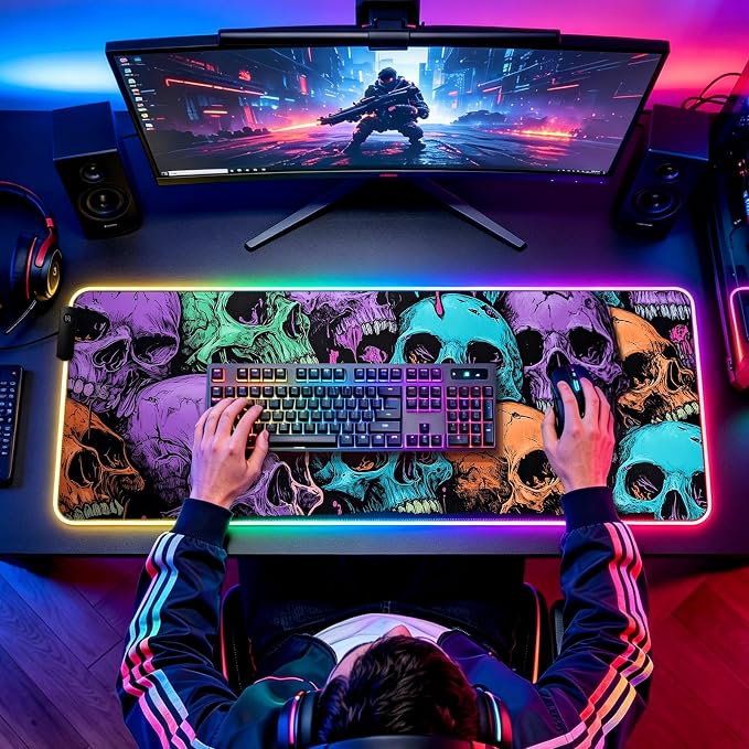 RGB Scary Skull Gaming Desk Mat, Computer Keyboard Large Extended Cool Multi-Color Skull LED Mouse Pad for Office and Home, 31.5×11.8 Inches, XL
