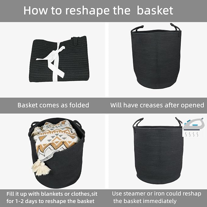 Woven Cotton Rope Laundry basket-16”X22” Laundry Hamper-Rope Storage Basket for Dirty Clothes, Toys and Blankets Perfect for Bathroom, Baby nursery and Living Room Storage (black, Large)