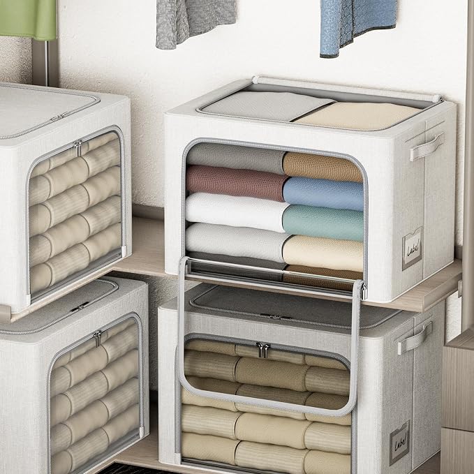 4 Pack Clothes Storage Bins with Metal Frame - 66L Stackable Storage Box with Lid,Foldable Storage Container Organizer for Clothes,Linen Fabric Storage Box with Clear Window&Zippers&Handles