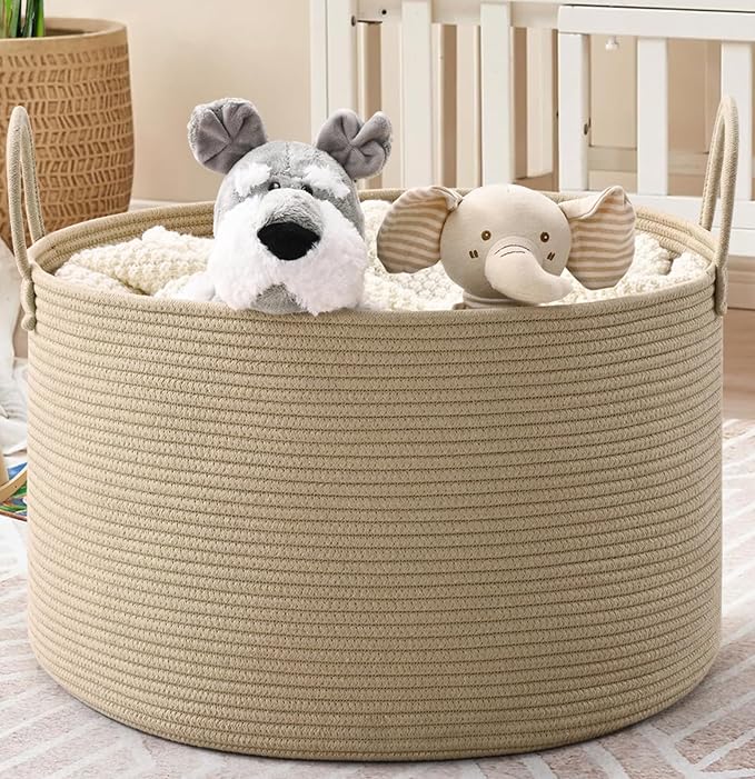 67L Large Woven Blanket Basket, Cotton Rope Baby Laundry Hamper with Handles, Kids Toy Basket for Classroom & Nursery, Soft Round Stuffed Animal Storage, Dog Toy Bin - 20"x13", Brown
