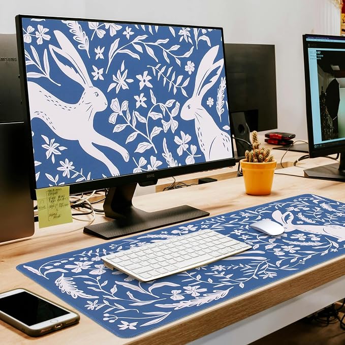 L-SPOUTTO Blue Floral Desk Mat for Keyboard and Mouse,Boho XXL Gaming Mouse Pad,Large 35.4x15.7in Non-Slip Rubber Base Keyboard Pad Waterproof Desktop Mat for Laptop Computer Work Home Office-Rabbits