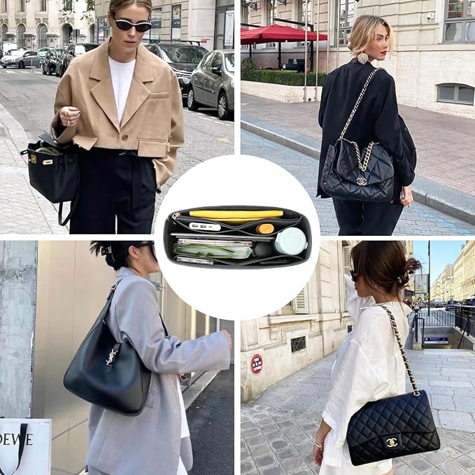 Surblue Purse Organizer Insert for Handbags, Felt Bag Organizer with Zippers Handbag Shaper Pouch for Classic 19 Flap Bag, Marmont, Onthego,(Grey, Slender L)