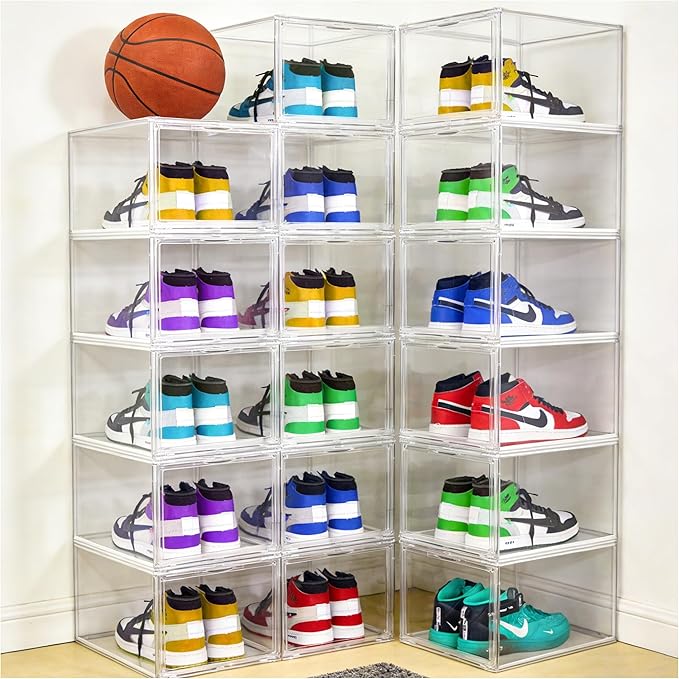 1 Pack Drop Front Acrylic Shoe Boxes with Magnetic Door Size 12, Clear Stackable Shoe Organizers Sneaker Display Cases for Closet, Entryway, Underbed, Multiple Display Cases for Caps, Figures