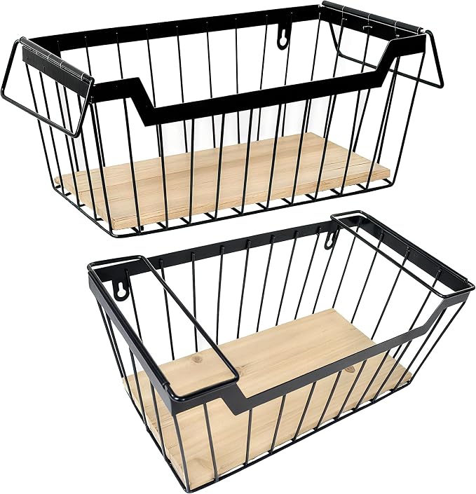 ShabbyDecor Metal Wire Basket with Handles Storage Organizer Stackable Organizing bins for Cabinet Shelf Countertop Under Sink Pantry for Kitchen,Bathroom,Laundry Closet,Set of 2pcs