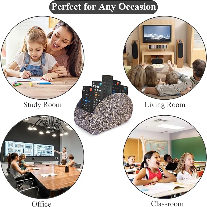 Remote Control Holder, PU Leather Remote Caddy Desktop Organizer with 5 Spacious Compartments for TV Remotes/Media Controllers/Office Supplies (1-Carved Copper Gold