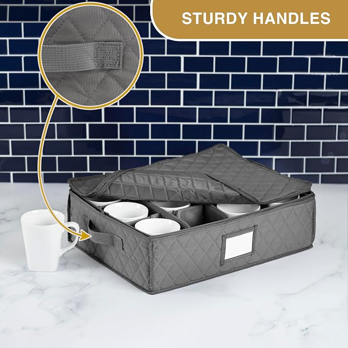 2 Pack - China Cup Storage Chests Hold 24 Coffee Cups or Mugs – Stackable Glassware Organizer with Customizable Dividers and Inner Case for Extra Protection – Gray