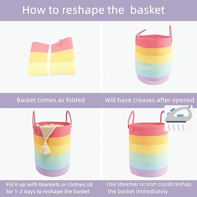 Woven Cotton Rope Laundry basket-15”X20” Laundry Hamper-Rope Storage Basket for Dirty Clothes, Toys and Blankets Perfect for Bathroom, Baby nursery and Living Room Storage (rainbow)