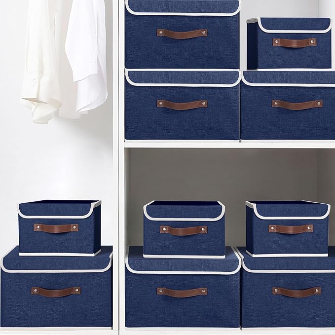 ANMINY 2PCS Storage Bin with Lid Storage Boxes with PU Leather Handles PP Plastic Board Decorative Foldable Lidded Cotton Linen Fabric Home Cubes Baskets Closet Organizer Container - Blue, Medium