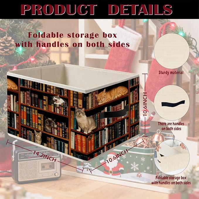 Vintage Cat Book Lovers Storage Bin Box with Handles, Retro Cat Bookish Foldable Organizer Basket Toybox for Reading Corner Room Library Bedroom Bathroom Home Clothes Toys Books
