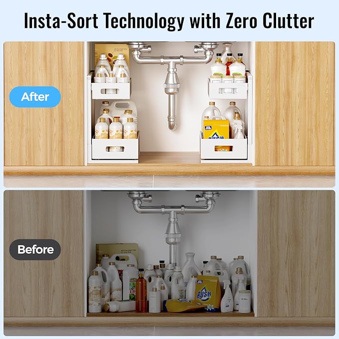 TISTAYA Under Sink Organizer, Bathroom Organizers and Storage, Cabinet Organizer for Kitchen, Bathroom, Pantry, Laundry, Study, White, 1XL, 2PCS