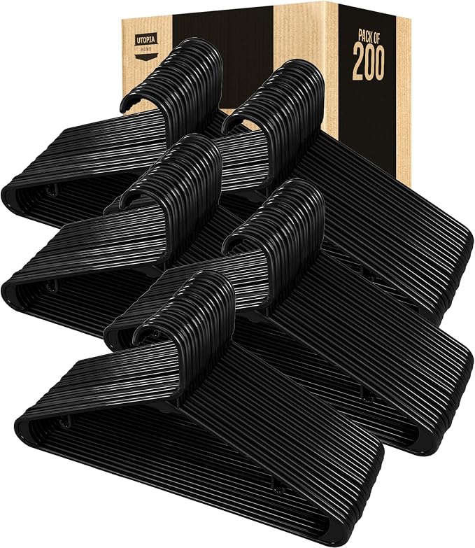 Utopia Home Plastic Hangers 200 Pack – Built-in Strap Hooks Black | Space saving | Durable & strong | Closet organizer | Clothes hangers | Ideal for shirts, pants, skirts & coats