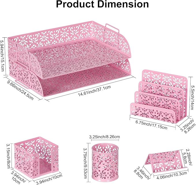 EasyPAG Desk Organizers and Accessories 5 Pieces Office Supplies Set - 2 Tier Paper Tray, Pencil Organizer for Desk, Mail Sorter Countertop, Business Card Holder and Sticky Note Holder, Pink