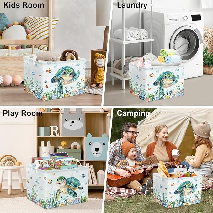 Clastyle Large Fish Sea Turtle Baby Basket Ocean Coral Seaweed Starfish Toy Book Shelf Basket Waterproof Pool Toy Beach Towel Storage Bin Collapsible Dirty Clothes Hamper, Blue, 40 * 30 * 30 cm