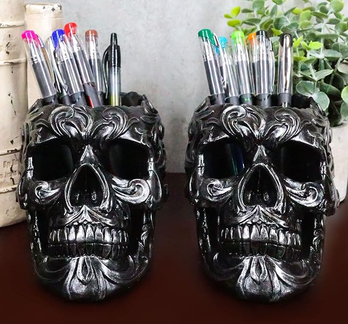 Ebros Gift Set Of 2 Tribal Tattoo Floral Skull Pen Holder Figurine 5.75" L Office Desktop Ossuary Skulls Decor Cranium Skeleton Head Stationery Holder As Halloween Macabre Graveyard Spooky Statue