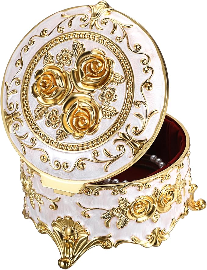 Hipiwe Round Jewery Box Metal Trinket Organizer Decorative Keepsake Box for Trrasure Ring Earring Holder Vintage Jewelry Display Case, Beige, 5.7" L x 5.1" W x 3.5" H