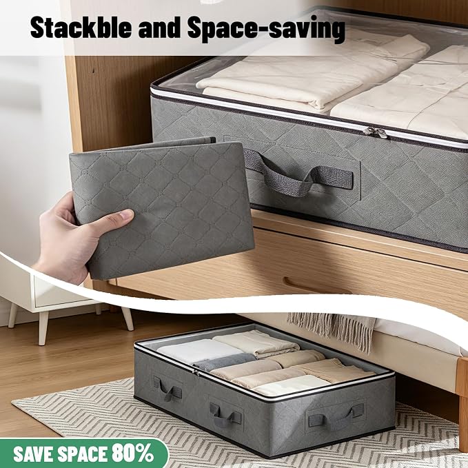 Pterying 6 Pack Under Bed Storage Containers with Transparent Clear Window | Underbed Storage Bins with Reinforced Handles, Dual-Zipper for Clothes, Comforters, Blankets and Bedding, Gray