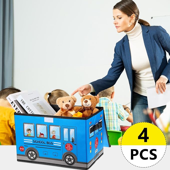 Sweetude 4 Pcs Prize Box for Classroom, School Bus Treasure Box Foldable Chest Storage Box Kids Toy Chest with Lid Treasure Storage Organizer Bin for Teachers Students Awards (Yellow, Pink, Red, Blue)