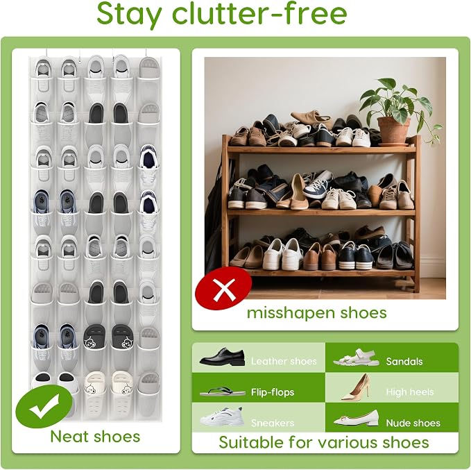 Over the Door Shoe Organizer with 40 Large Breathable Mesh Pockets, Space Saving Shoe Holder, Hanging Shoe Rack for Entryway Bedroom Closet Storage (White, 40 Pockets)