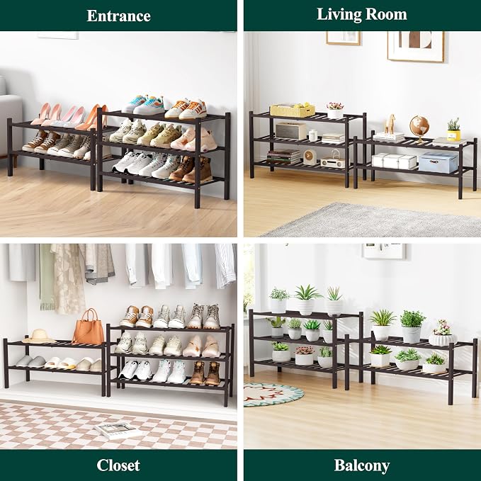 Smiry Bamboo Shoe Rack for Closet, 4 Tier Wooden Shoe Organizer, Stackable Wood Shoe Storage Shelf for Entryway, 14 Vertical Slats, 2+2 Stack Heavy-Duty Legs, 26.77"x11.02"x25.98", Brown