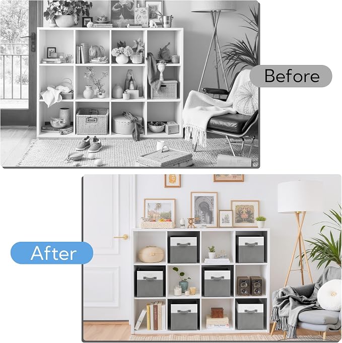 Cupic Cupid 11 Inch Storage Cube, Fabric Cube Storage Bin with Handles, Storage Cube Organizer for Clothes and Toys, Collapsible Cube Bins for Closet, Shelves, Nursery, 6-Pack, Gray and White