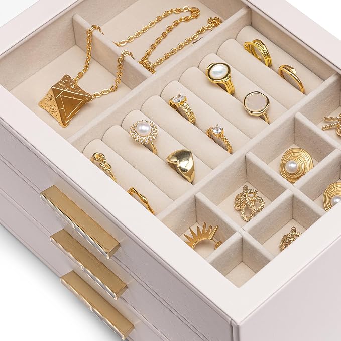 VLANDO 3-Drawer Jewelry Box with Glass Lid, Faux Leather Organizer for Rings Earrings Necklaces and More, Gift-Ready Jewelry Case for Women Girls or Moms, Pink Beige