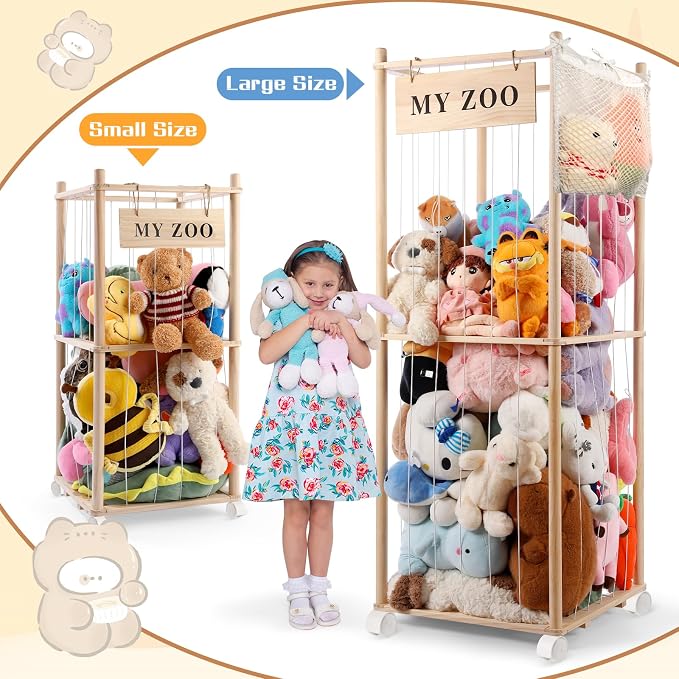 GLDZI Stuffed Animal Storage Zoo with Wheels, Wooden Stuffed Animal Organizer with Elastic Cords, Space Saving Toy Plushies Storage Holder for Playroom, Bedroom, Living Room(Burlywood, Large)