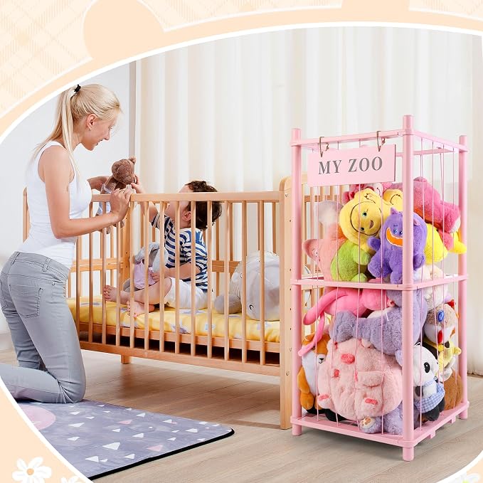 GLDZI Stuffed Animal Storage Zoo, Wooden Stuffed Animal Organizer with Elastic Cords for Boys Girls, Space Saving Toy Plushies Storage Holder for Playroom, Bedroom, Living Room (Pink, Small)