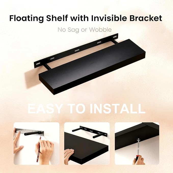 Floating Shelves for Wall,Over The Toilet Storage Cabinet-Set of 2 Black 16 Inch.Wall Shelves for Bathroom,Bedroom,Living Room,Kitchen-Modern Helf Display Organizer&Decor(Black,2pc)