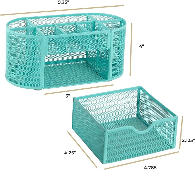 BLU MONACO Aqua Desk Organizer | Metal Stationery Holder With Drawer and Eight Compartments | Desktop Storage for Home Office or Study Space | 4.3βD x 9.3βW x 4βH Workspace Organizer