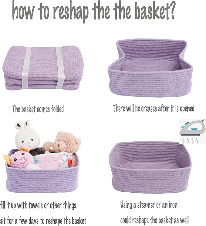 XUANGUO Small Woven Storage Baskets 12“X8”X5“ Decorative Rope Bins for Organizing Shelves, Closets, and Toys, Empty Gift Baskets, Cute Organizer Basket for Home and Office (purple, regular)