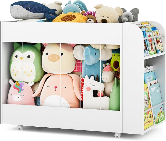 3-in-1 Toy Storage Box with Bookshelf and Chalkboard, Large Stuffed Animal Toy Chest on Wheels, Kids Toy Storage Organizer Bin for Kids Room, Nursery & Playroom, for Kids, White