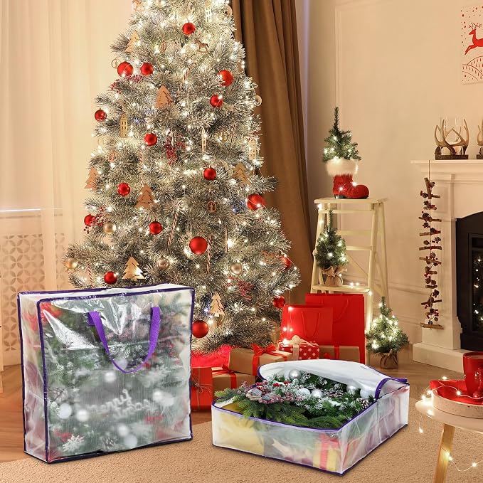 8 Pcs Clear Wreath Storage Bags 26 Inch Garland Container Door Garland Holiday Wreath Storage Holder with Handle and Zipper Heavy Duty Plastic Packing Totes(Purple)
