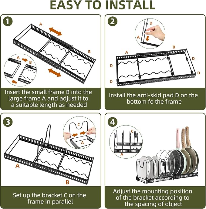 ROOHUA Pot Rack -Expandable Pan Organizer for Cabinet, Lid Holder with 10 Adjustable Compartment for Kitchen Cabinet Cookware Baking Frying Rack