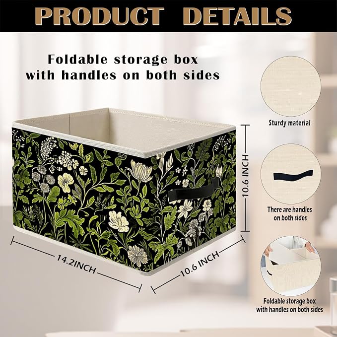 Vintage Dark Green Floral Plant Storage Bin Box with Handles, Cottagecore Flower Botanical Foldable Organizer Basket Toybox for Girls Room Bedroom Bathroom Clothes Toys Books